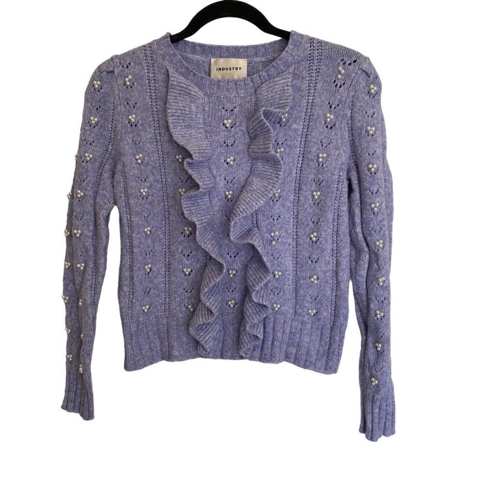INDUSTRY Purple Wool Blend Ruffle Sweater Pearls Size Large Womens Cable Knit